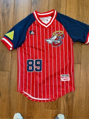 Black Pyramid Red & Navy Pinstripe Short Sleeve Jersey / men’s small